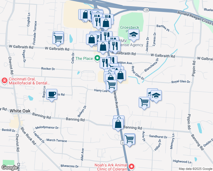 map of restaurants, bars, coffee shops, grocery stores, and more near 7641 Colerain Avenue in Cincinnati
