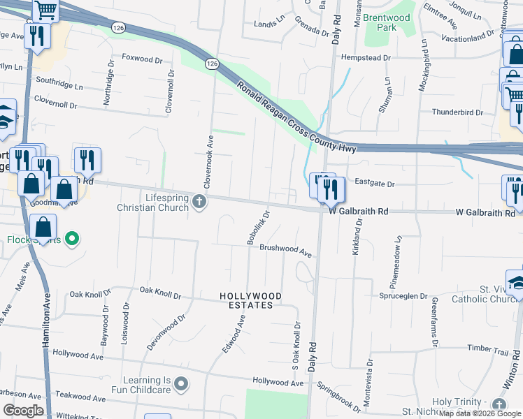map of restaurants, bars, coffee shops, grocery stores, and more near 1271 West Galbraith Road in Cincinnati