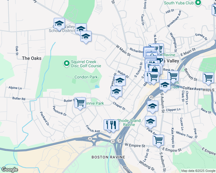 map of restaurants, bars, coffee shops, grocery stores, and more near 350 Pleasant Street in Grass Valley