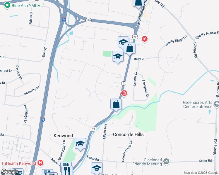 map of restaurants, bars, coffee shops, grocery stores, and more near 7736 Highgate Place in Cincinnati