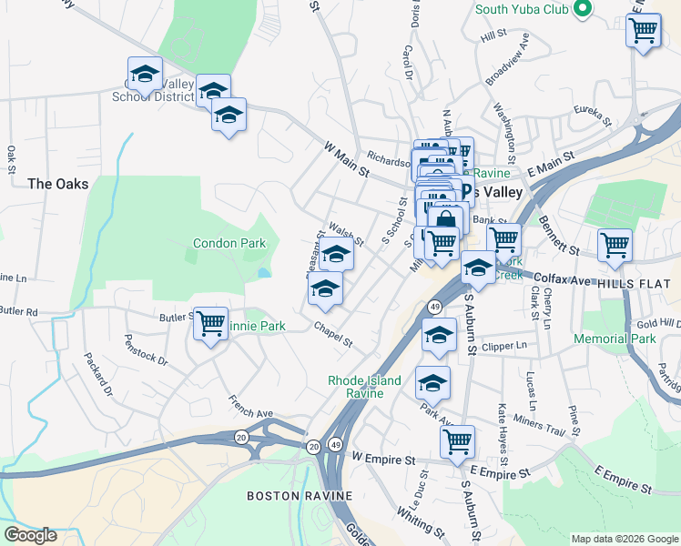 map of restaurants, bars, coffee shops, grocery stores, and more near 335 Columbia Avenue in Grass Valley