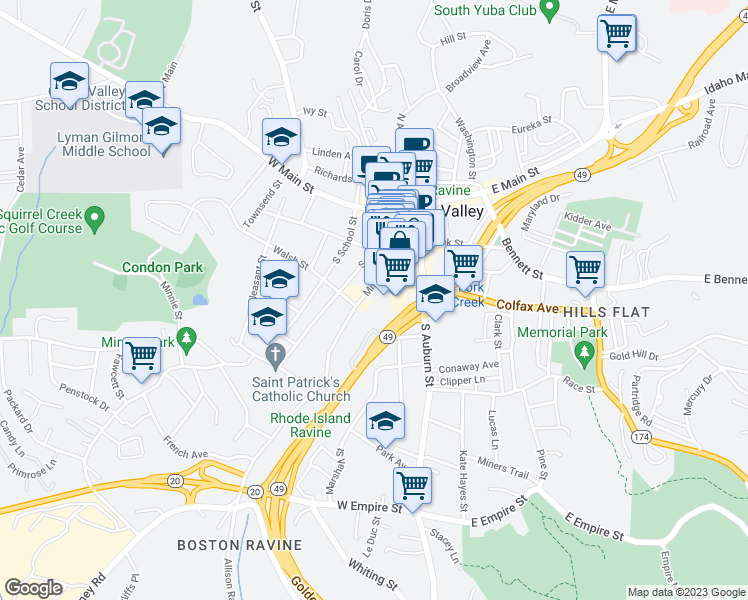 map of restaurants, bars, coffee shops, grocery stores, and more near 129 Neal Street in Grass Valley