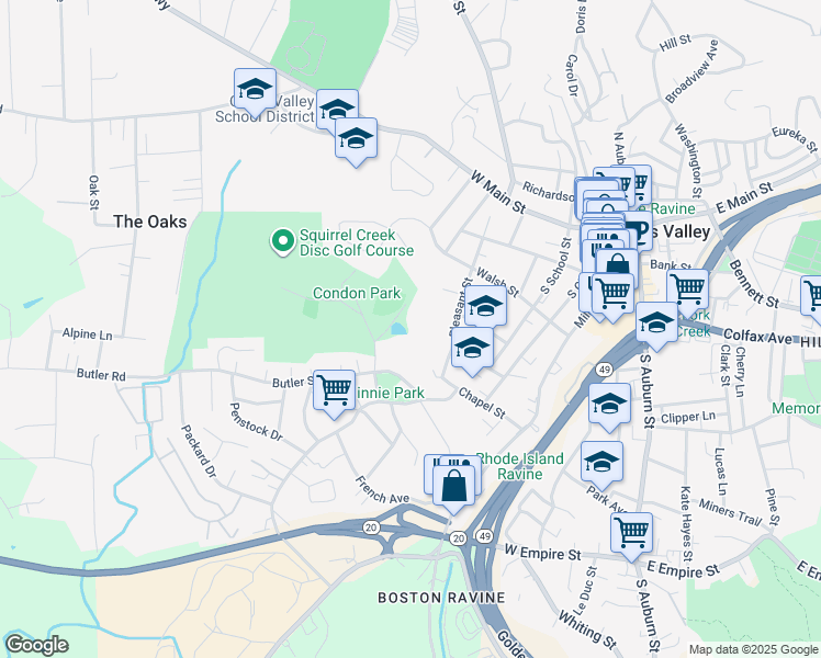 map of restaurants, bars, coffee shops, grocery stores, and more near 340 Pleasant Street in Grass Valley