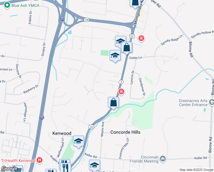 map of restaurants, bars, coffee shops, grocery stores, and more near 7736 Highgate Place in Cincinnati