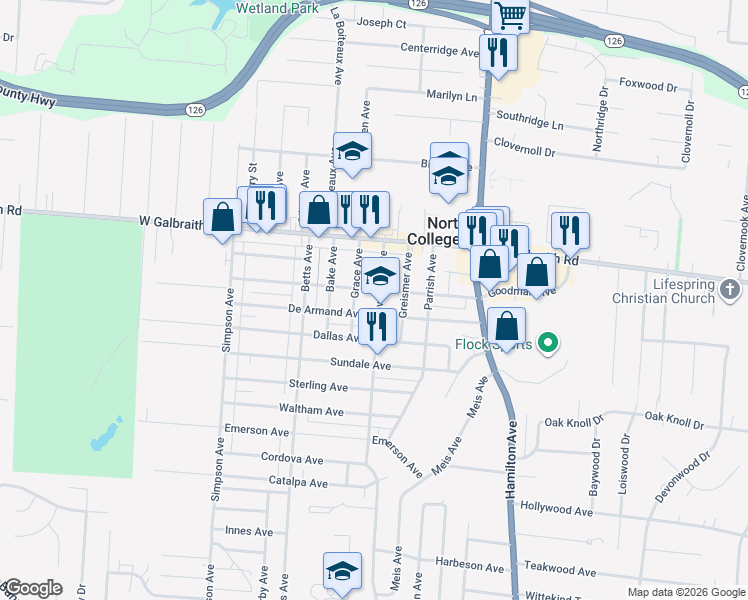 map of restaurants, bars, coffee shops, grocery stores, and more near 1727 Goodman Avenue in North College Hill