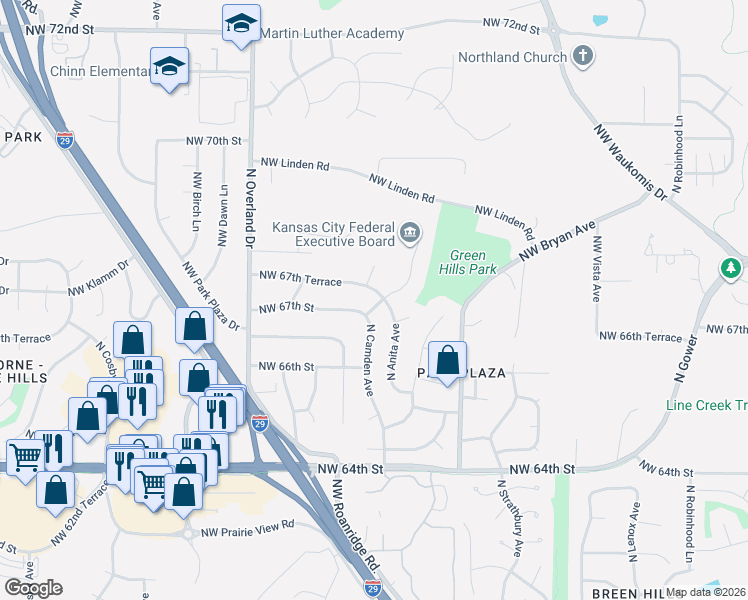 map of restaurants, bars, coffee shops, grocery stores, and more near 4701 Northwest 67th Terrace in Kansas City