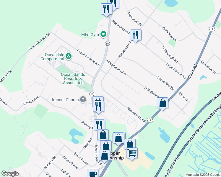 map of restaurants, bars, coffee shops, grocery stores, and more near 218 Sandberg Place in Upper Township