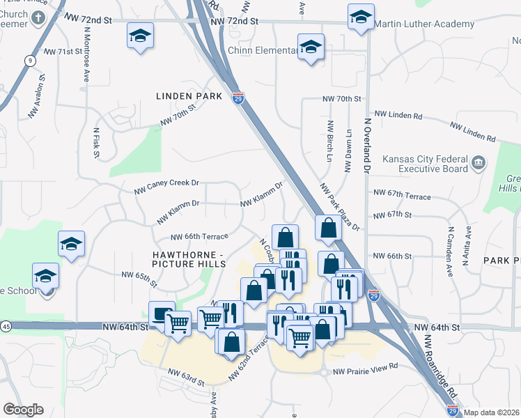 map of restaurants, bars, coffee shops, grocery stores, and more near 6720 North Saint Clair Court in Kansas City