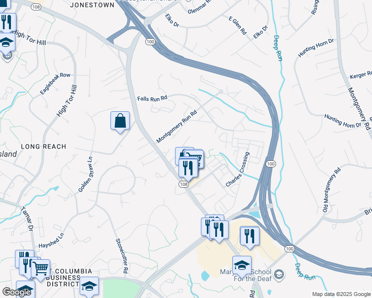 map of restaurants, bars, coffee shops, grocery stores, and more near 5738 Goldfinch Court in Ellicott City