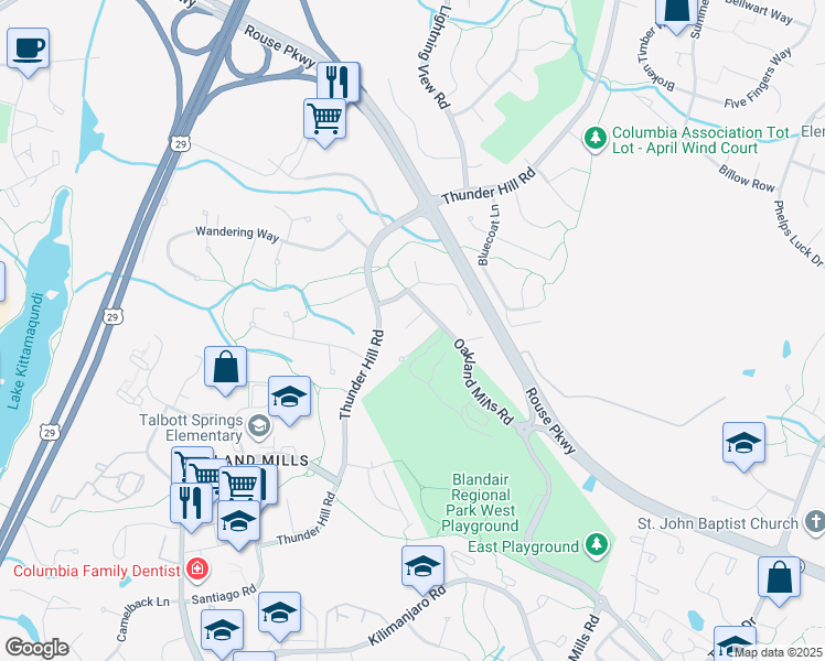 map of restaurants, bars, coffee shops, grocery stores, and more near 5628 Oakland Mills Road in Columbia