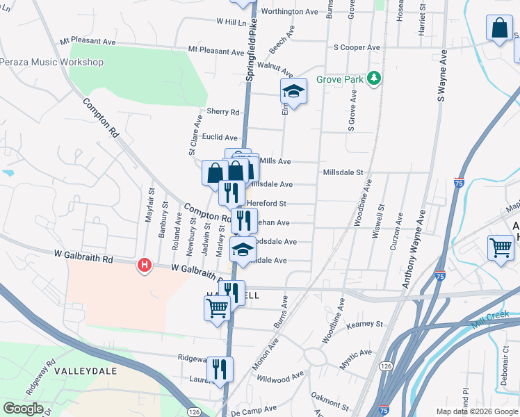 map of restaurants, bars, coffee shops, grocery stores, and more near 27 Hereford Street in Cincinnati