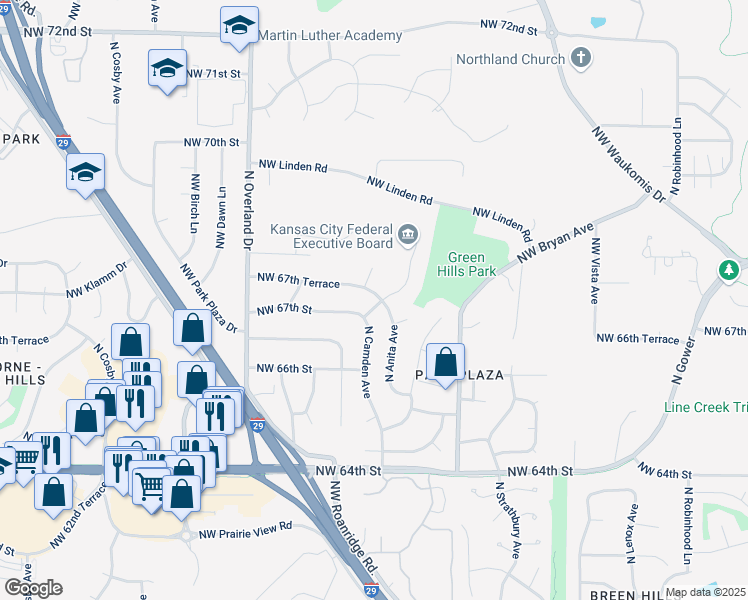 map of restaurants, bars, coffee shops, grocery stores, and more near 4701 Northwest 67th Terrace in Kansas City