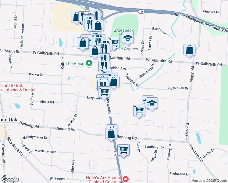 map of restaurants, bars, coffee shops, grocery stores, and more near 7600 Colerain Avenue in Cincinnati