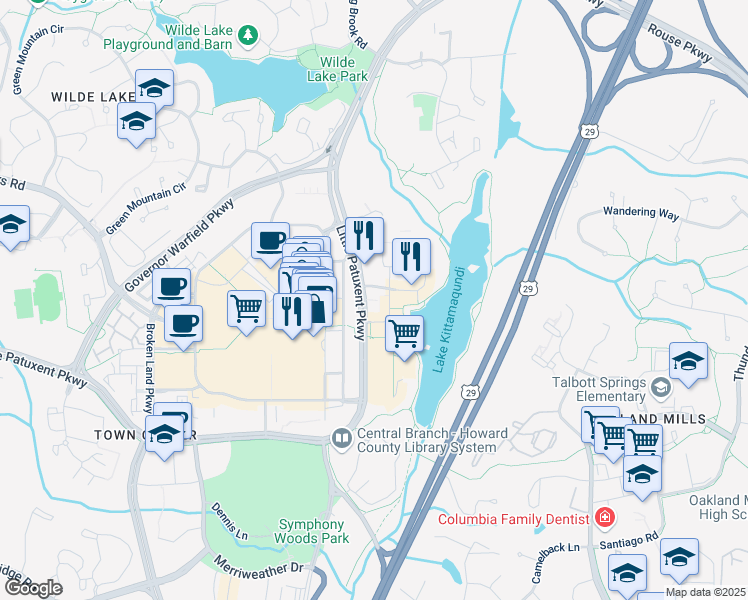 map of restaurants, bars, coffee shops, grocery stores, and more near 10201 Little Patuxent Parkway in Columbia