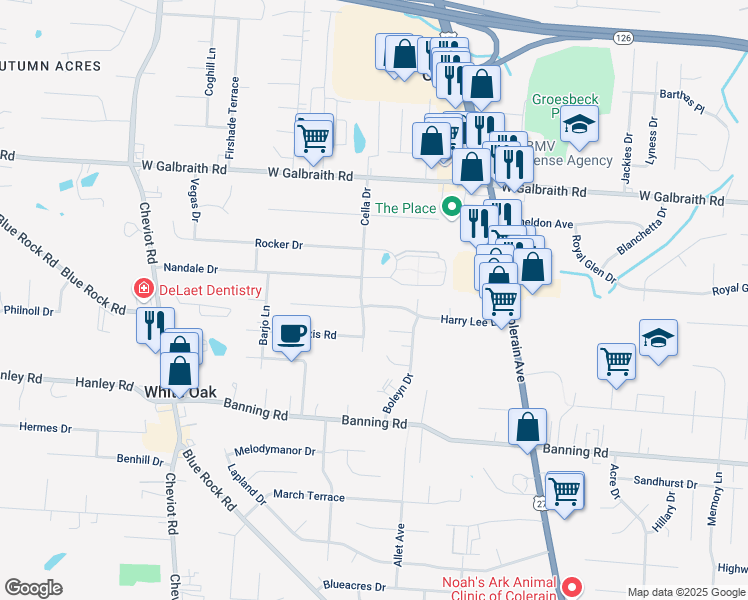 map of restaurants, bars, coffee shops, grocery stores, and more near 3310 Harry Lee Lane in Cincinnati