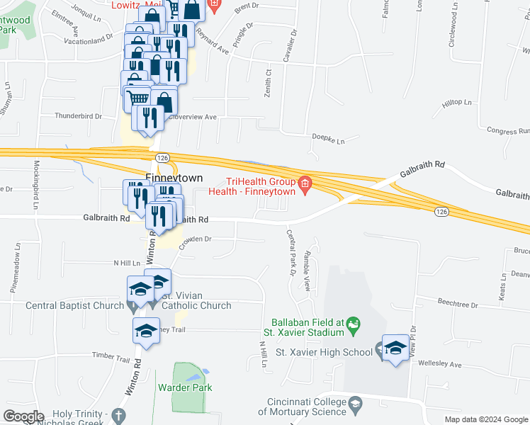 map of restaurants, bars, coffee shops, grocery stores, and more near 8220 Kingsmere Court in Cincinnati