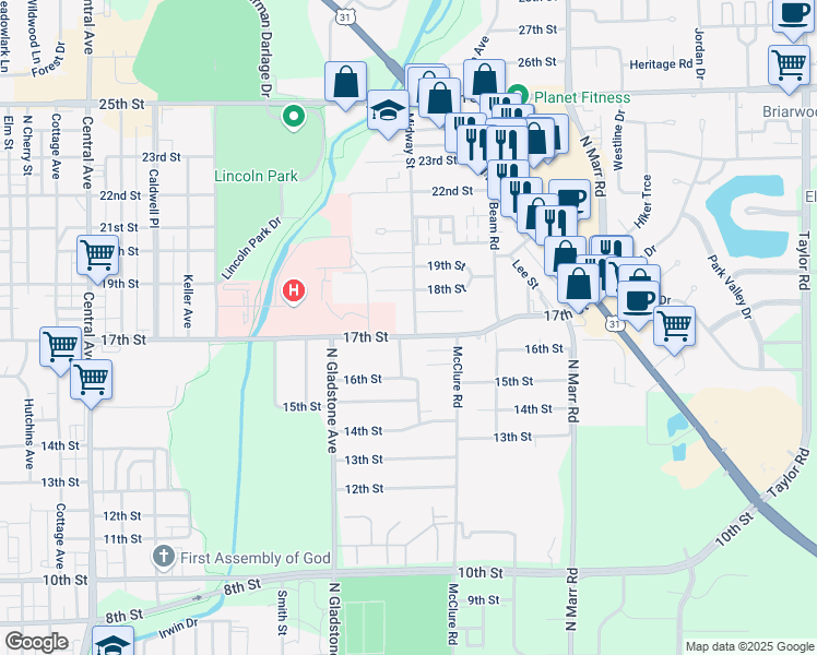 map of restaurants, bars, coffee shops, grocery stores, and more near 1710 Midway Street in Columbus