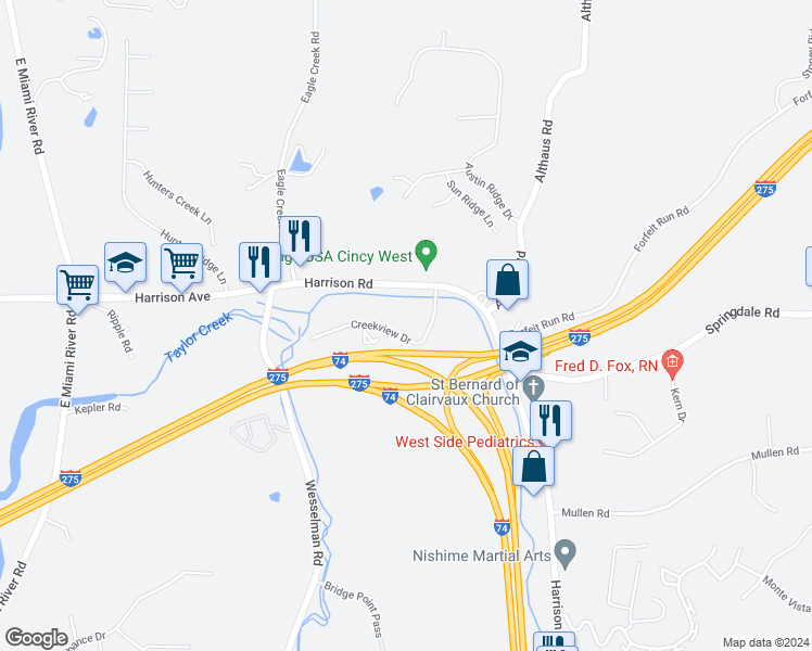 map of restaurants, bars, coffee shops, grocery stores, and more near 7214 Creekview Drive in Cincinnati