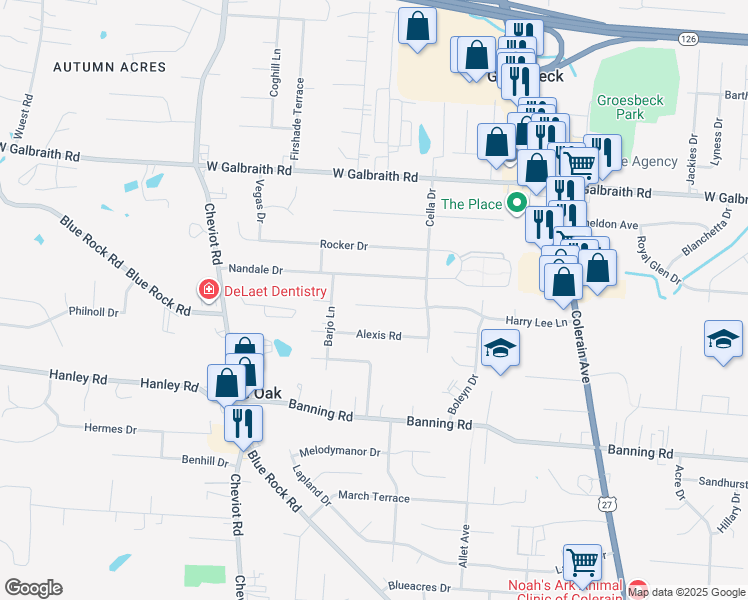 map of restaurants, bars, coffee shops, grocery stores, and more near 3375 Harry Lee Lane in Cincinnati