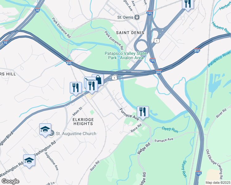 map of restaurants, bars, coffee shops, grocery stores, and more near 5625 Furnace Avenue in Elkridge