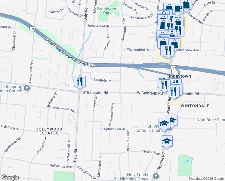 map of restaurants, bars, coffee shops, grocery stores, and more near 1099 Galbraith Road in Cincinnati