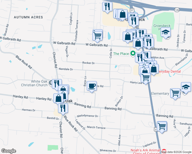 map of restaurants, bars, coffee shops, grocery stores, and more near 3375 Harry Lee Lane in Cincinnati