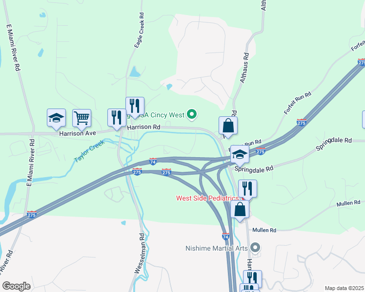 map of restaurants, bars, coffee shops, grocery stores, and more near 7221 Creekview Drive in Cincinnati