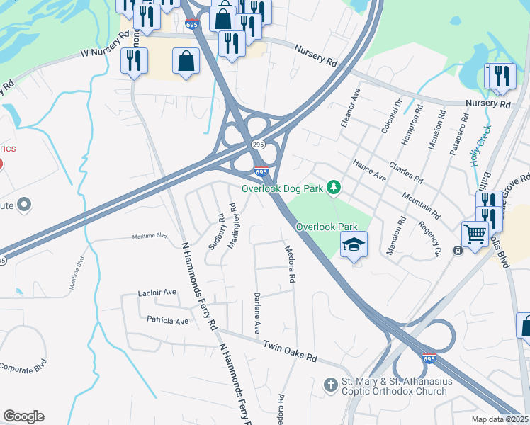 map of restaurants, bars, coffee shops, grocery stores, and more near 200 Cheddington Road in Linthicum Heights
