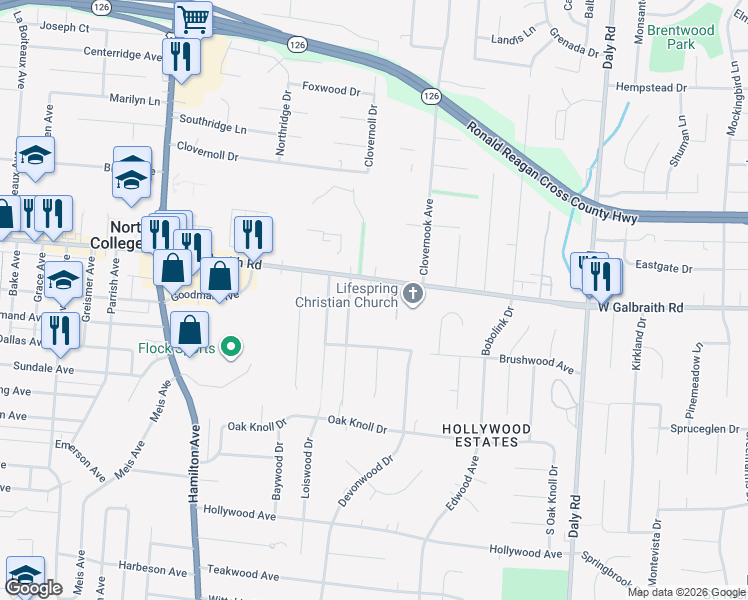 map of restaurants, bars, coffee shops, grocery stores, and more near 1387 Galbraith Road in Cincinnati