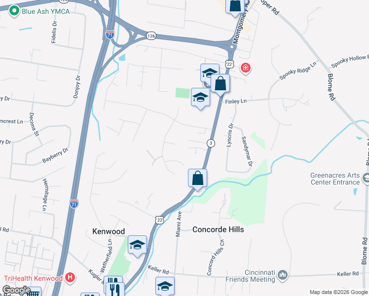 map of restaurants, bars, coffee shops, grocery stores, and more near 7736 Highgate Place in Cincinnati
