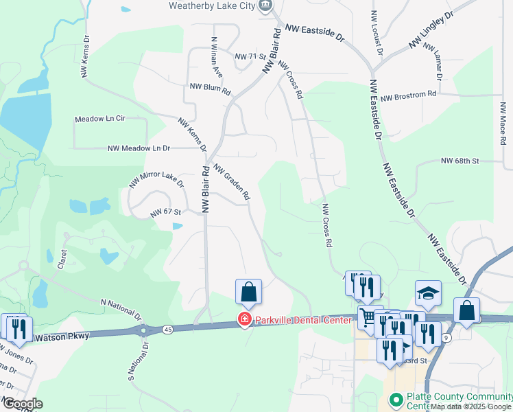 map of restaurants, bars, coffee shops, grocery stores, and more near 6519 Northwest Graden Road in Parkville