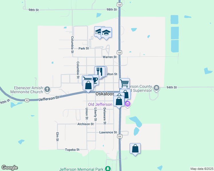 map of restaurants, bars, coffee shops, grocery stores, and more near 503 Delaware Street in Oskaloosa