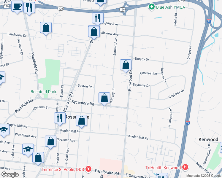 map of restaurants, bars, coffee shops, grocery stores, and more near 8701 Brittany Drive in Cincinnati