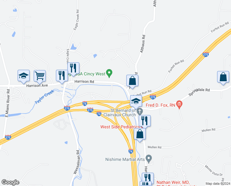 map of restaurants, bars, coffee shops, grocery stores, and more near 7213 Creekview Drive in Cincinnati