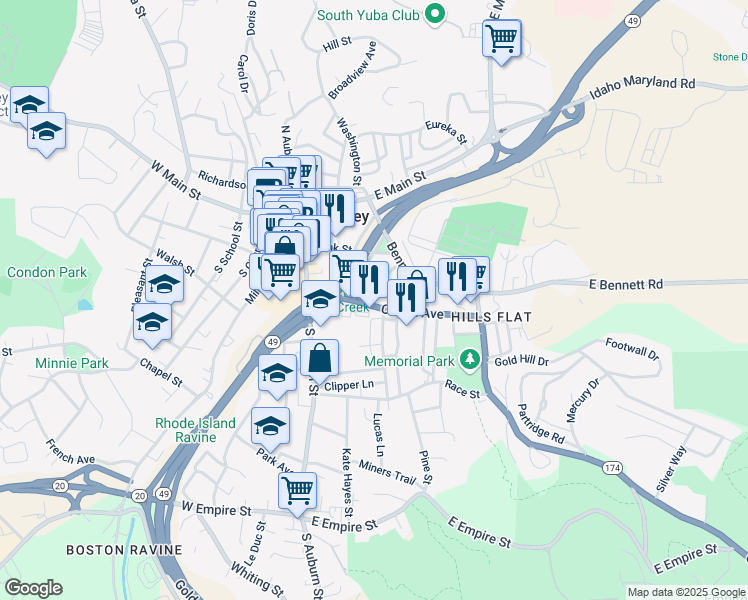 map of restaurants, bars, coffee shops, grocery stores, and more near 217 Colfax Avenue in Grass Valley