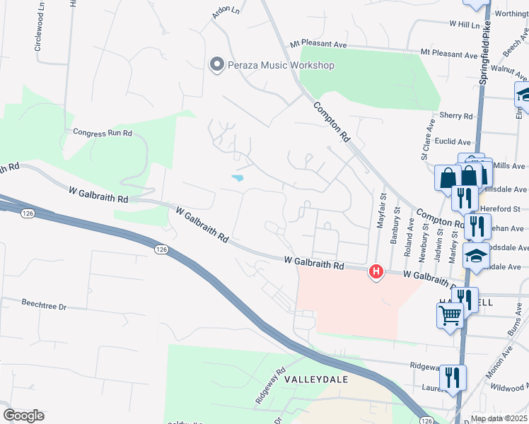 map of restaurants, bars, coffee shops, grocery stores, and more near 230 West Galbraith Road in Cincinnati