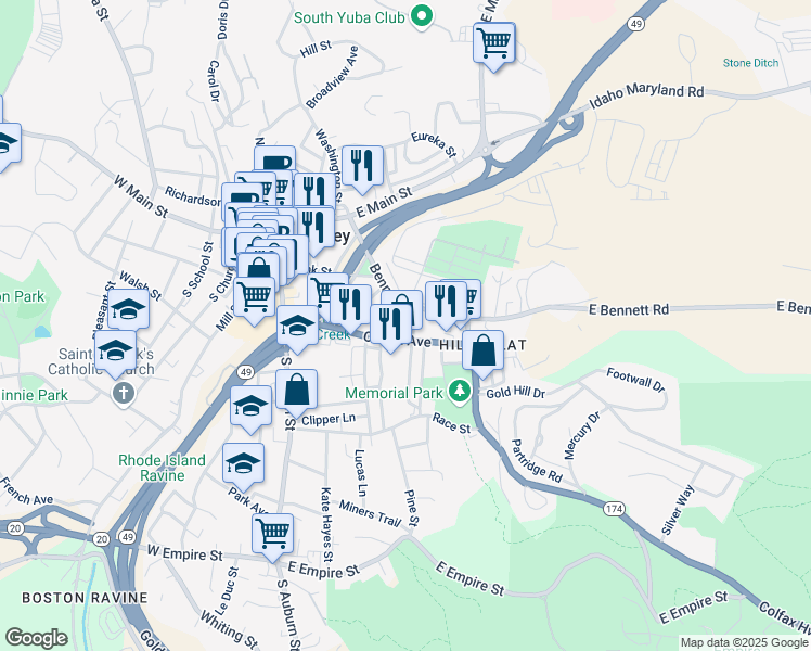 map of restaurants, bars, coffee shops, grocery stores, and more near 316 Henderson Street in Grass Valley
