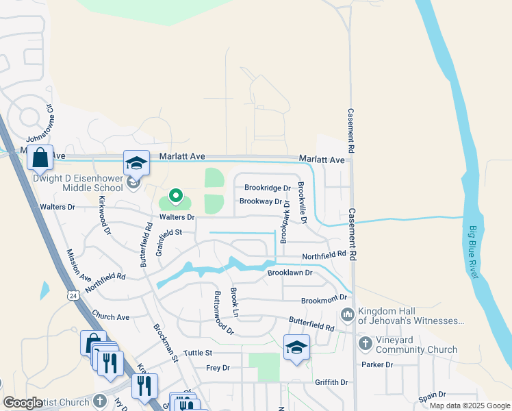 map of restaurants, bars, coffee shops, grocery stores, and more near 401 Brookway Drive in Manhattan