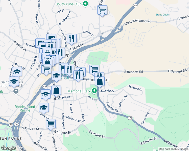 map of restaurants, bars, coffee shops, grocery stores, and more near 420 Colfax Avenue in Grass Valley