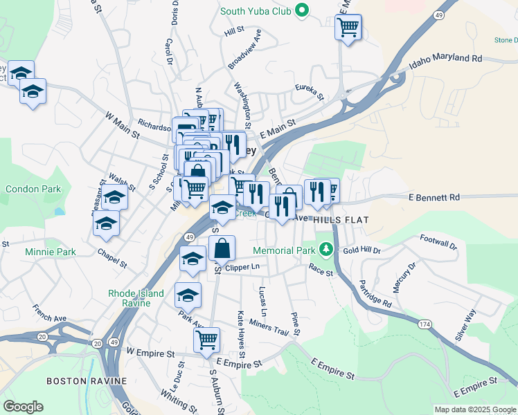 map of restaurants, bars, coffee shops, grocery stores, and more near 217 Colfax Avenue in Grass Valley