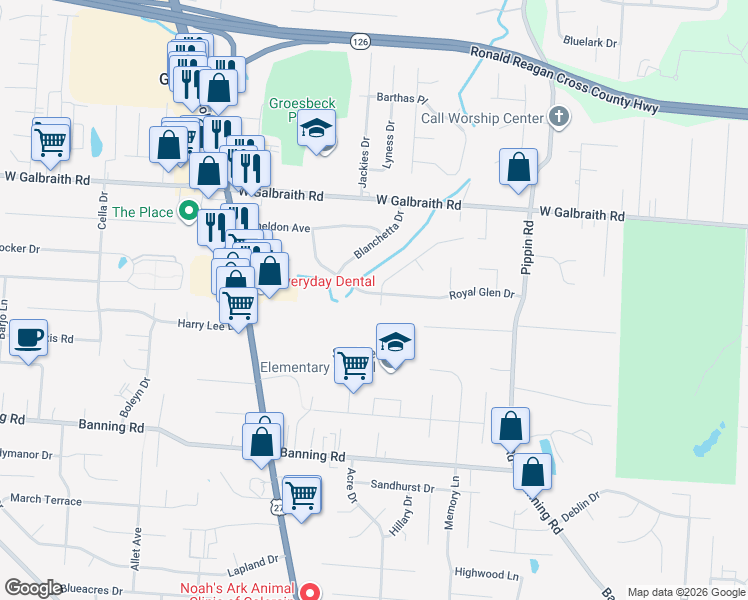map of restaurants, bars, coffee shops, grocery stores, and more near 2841 Royal Glen Drive in Cincinnati