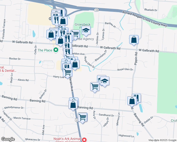 map of restaurants, bars, coffee shops, grocery stores, and more near 2881 Royal Glen Drive in Cincinnati
