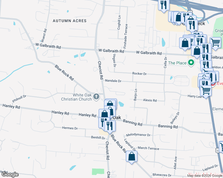 map of restaurants, bars, coffee shops, grocery stores, and more near 7640 Cheviot Road in Cincinnati