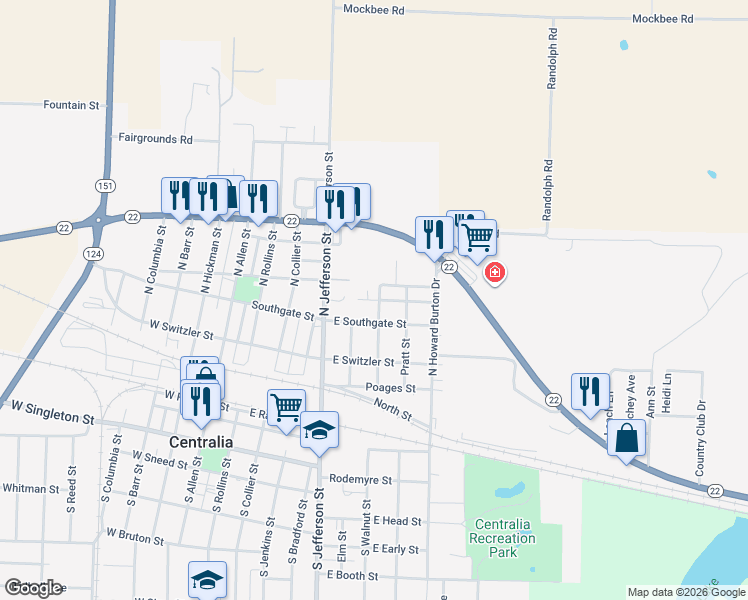 map of restaurants, bars, coffee shops, grocery stores, and more near 620 Brick St in Centralia