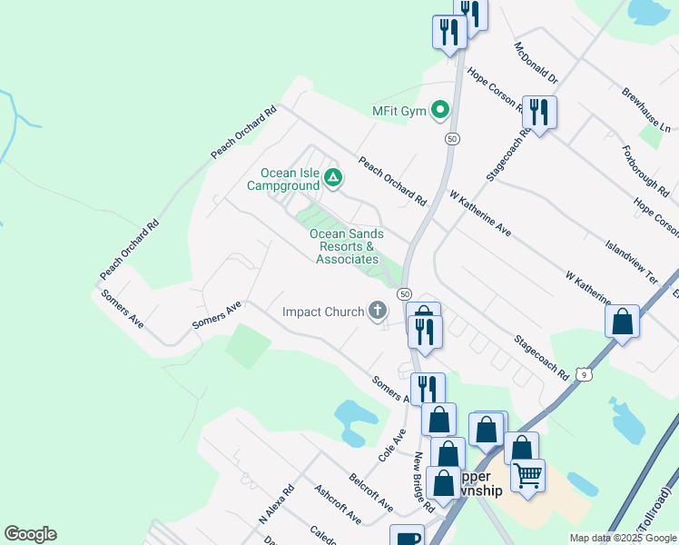 map of restaurants, bars, coffee shops, grocery stores, and more near 16 Winchester Court in Upper Township