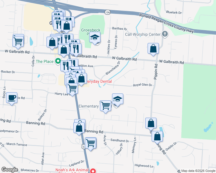 map of restaurants, bars, coffee shops, grocery stores, and more near 2841 Royal Glen Drive in Cincinnati
