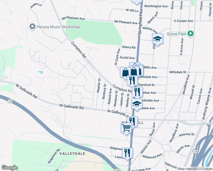 map of restaurants, bars, coffee shops, grocery stores, and more near 8400 Banbury Street in Cincinnati