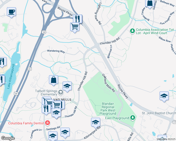 map of restaurants, bars, coffee shops, grocery stores, and more near 5621 Thunder Hill Road in Columbia