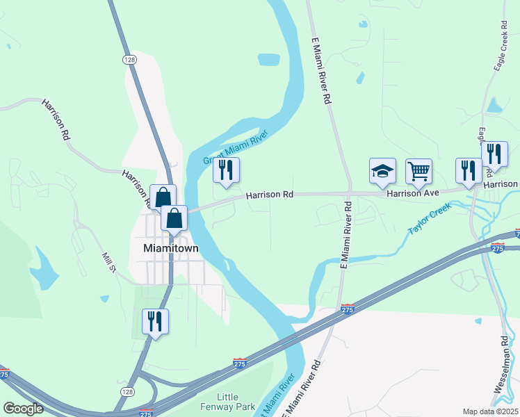 map of restaurants, bars, coffee shops, grocery stores, and more near 7859 Harrison Avenue in Cincinnati