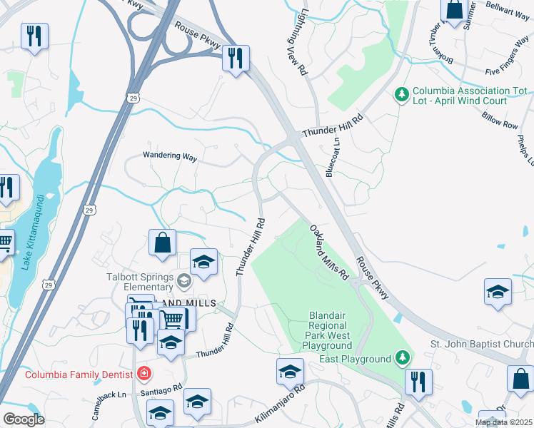 map of restaurants, bars, coffee shops, grocery stores, and more near 5621 Thunder Hill Road in Columbia